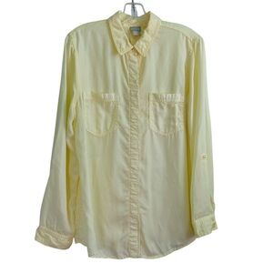 Chico's Yellow Touch of Cool Fringe Roll Sleeve Button Down Denim Shirt (Size L)